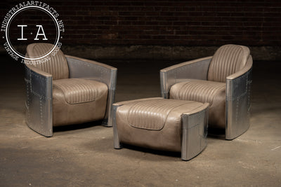 Vintage Pair of Aviator Chairs with Ottoman in Gray by RH