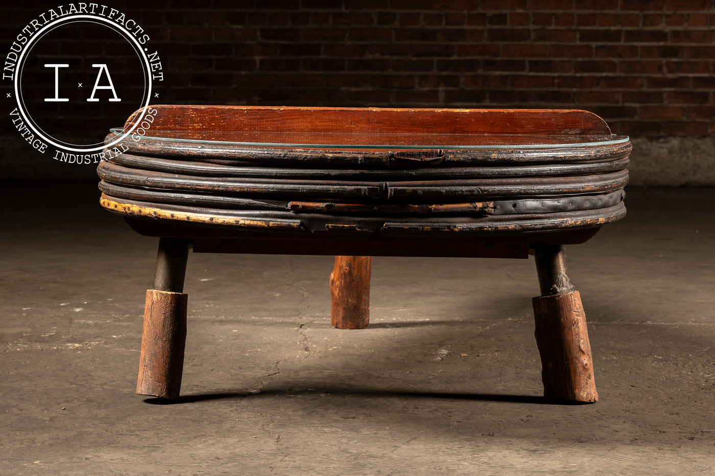 Antique Oversize Industrial Bellows Coffee Table with Glass Top