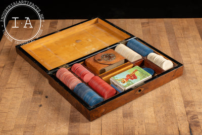 Vintage Birds Eye Maple Poker Case with Playing Cards and Chips