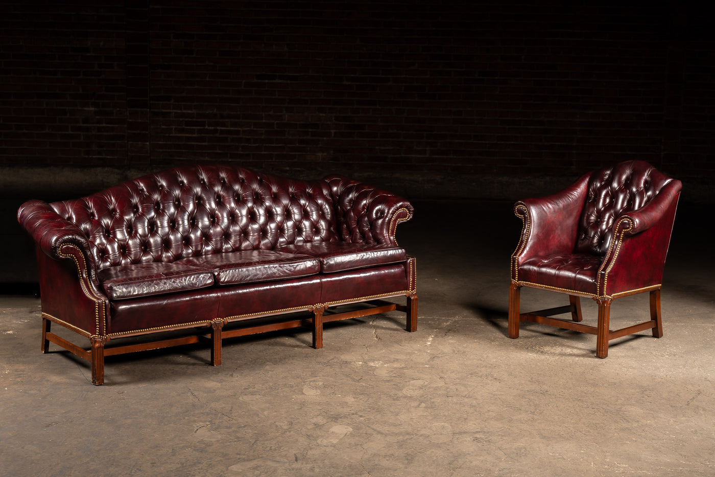 Vintage Chippendale-Style Camelback Chesterfield Leather Sofa in Oxblood