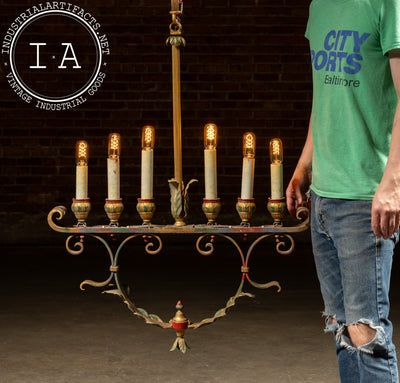 Mediterranean Revival Wrought Iron and Tole Chandelier 1