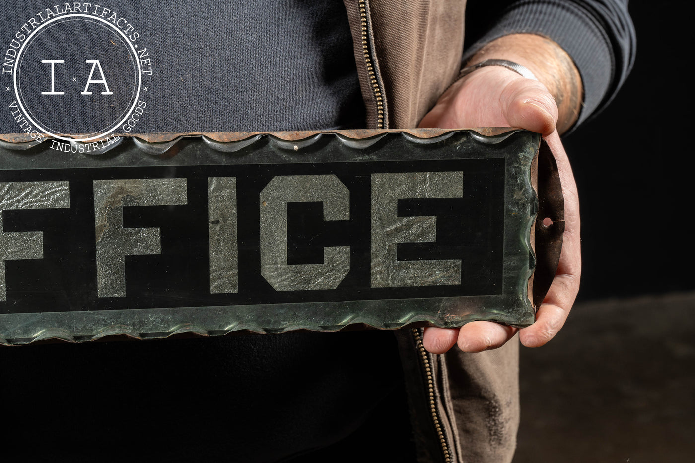 Antique "Office" Foil-Backed Scalloped-Edged Glass Sign