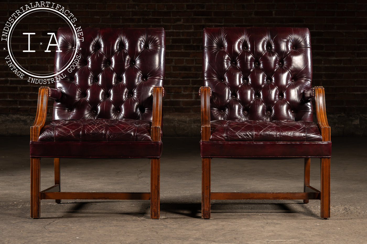 Pair of Tufted Leather Square-Back Dining Chairs in Oxblood