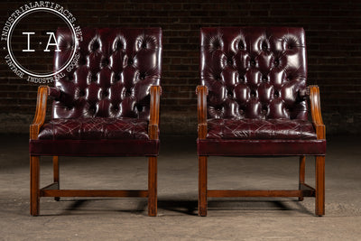 Pair of Tufted Leather Square-Back Dining Chairs in Oxblood