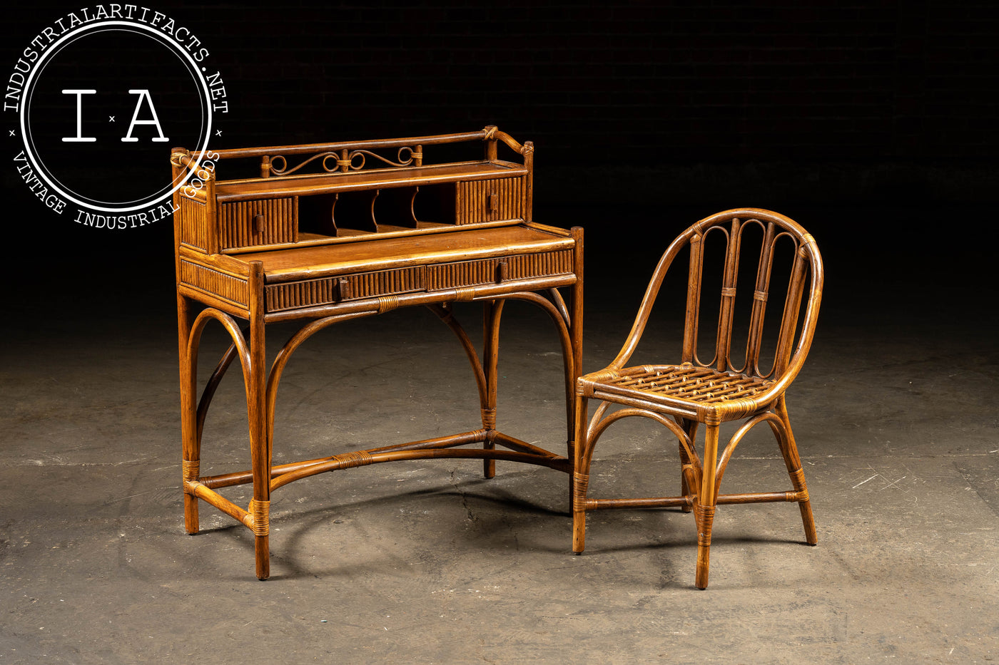 Mid-Century Rattan and Bamboo Stationery Desk and Chair by Lillian Vernon