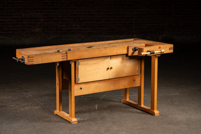 Mid-Century Maple Woodworking Bench with Dual Vises and Cabinet Storage