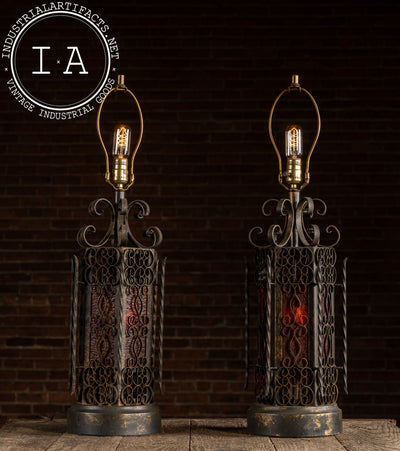 Vintage Spanish Revival Wrought Iron Table Lamp with Mica Shade Panels