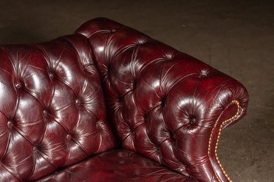 Vintage Chippendale-Style Camelback Chesterfield Leather Sofa in Oxblood