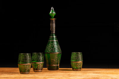 Antique Art Nouveau Decanter With Glasses In Emerald Green