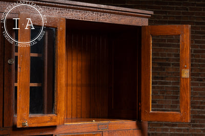 Antique Massive Oak Cabinet with Glass Doors and Interior Cubbies