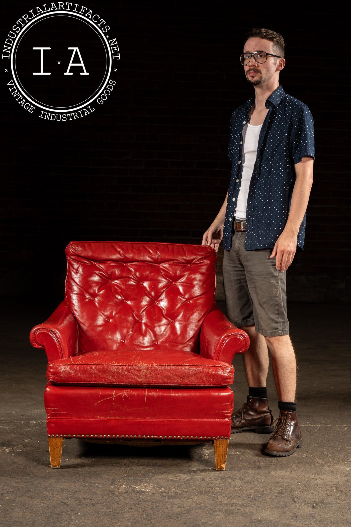 Vintage Tufted Leather Lounge Chair in Candy Apple Red