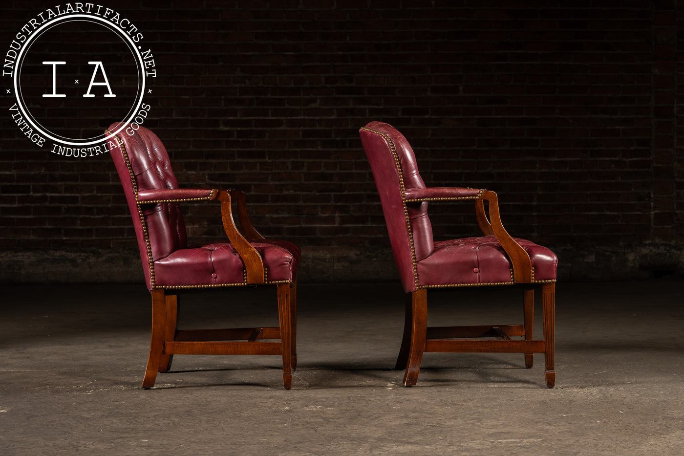 Pair of Tufted Leather Round-Back Dining Chairs in Burgundy