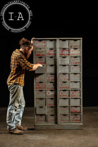 Antique Industrial Hardware Cabinet In Grey