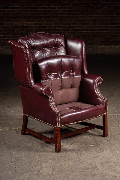 Tufted Leather Wingback Chesterfield Armchair with Ottoman in Oxblood