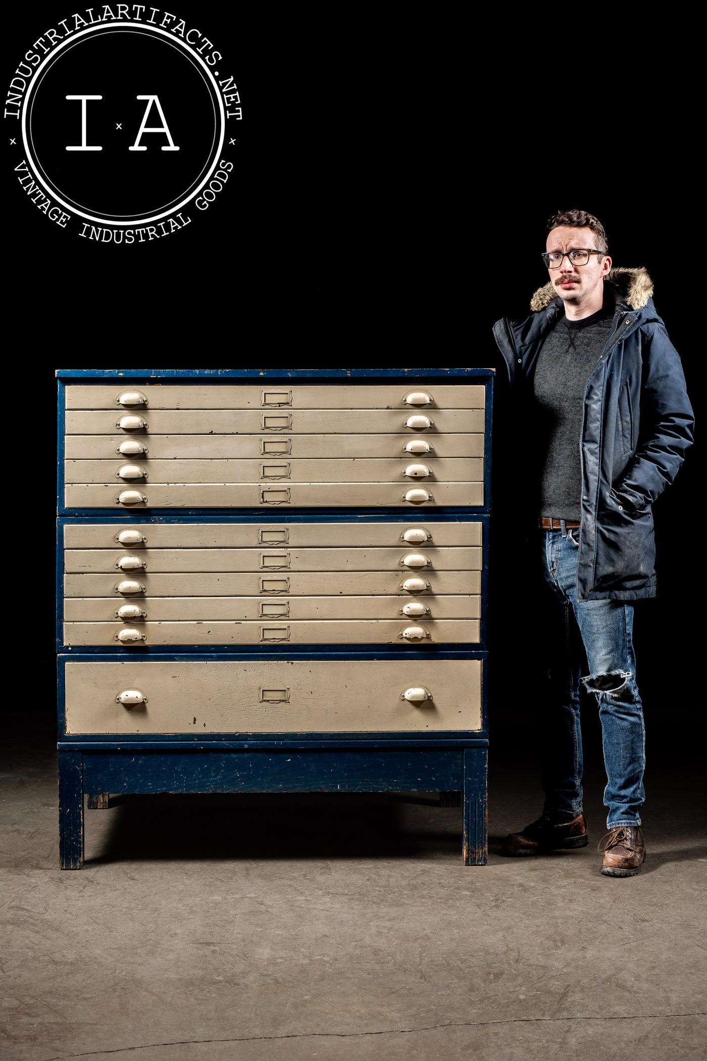 Antique Painted Oak Flat File Cabinet in Blue