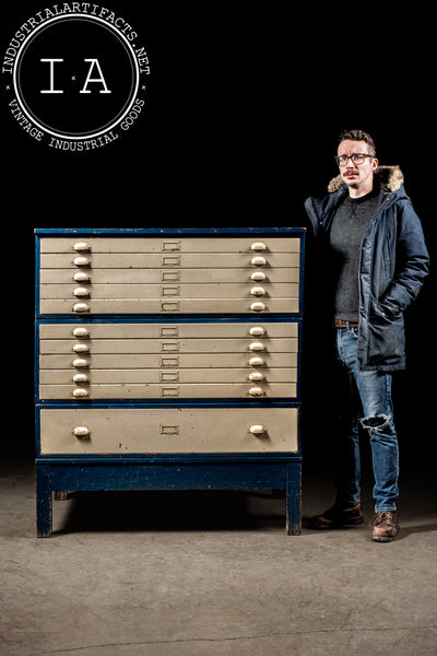 Antique Painted Oak Flat File Cabinet in Blue