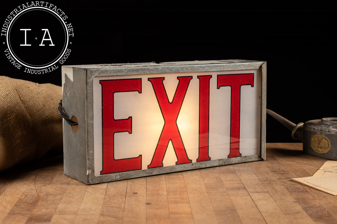 Vintage Lighted Exit Sign With White Glass