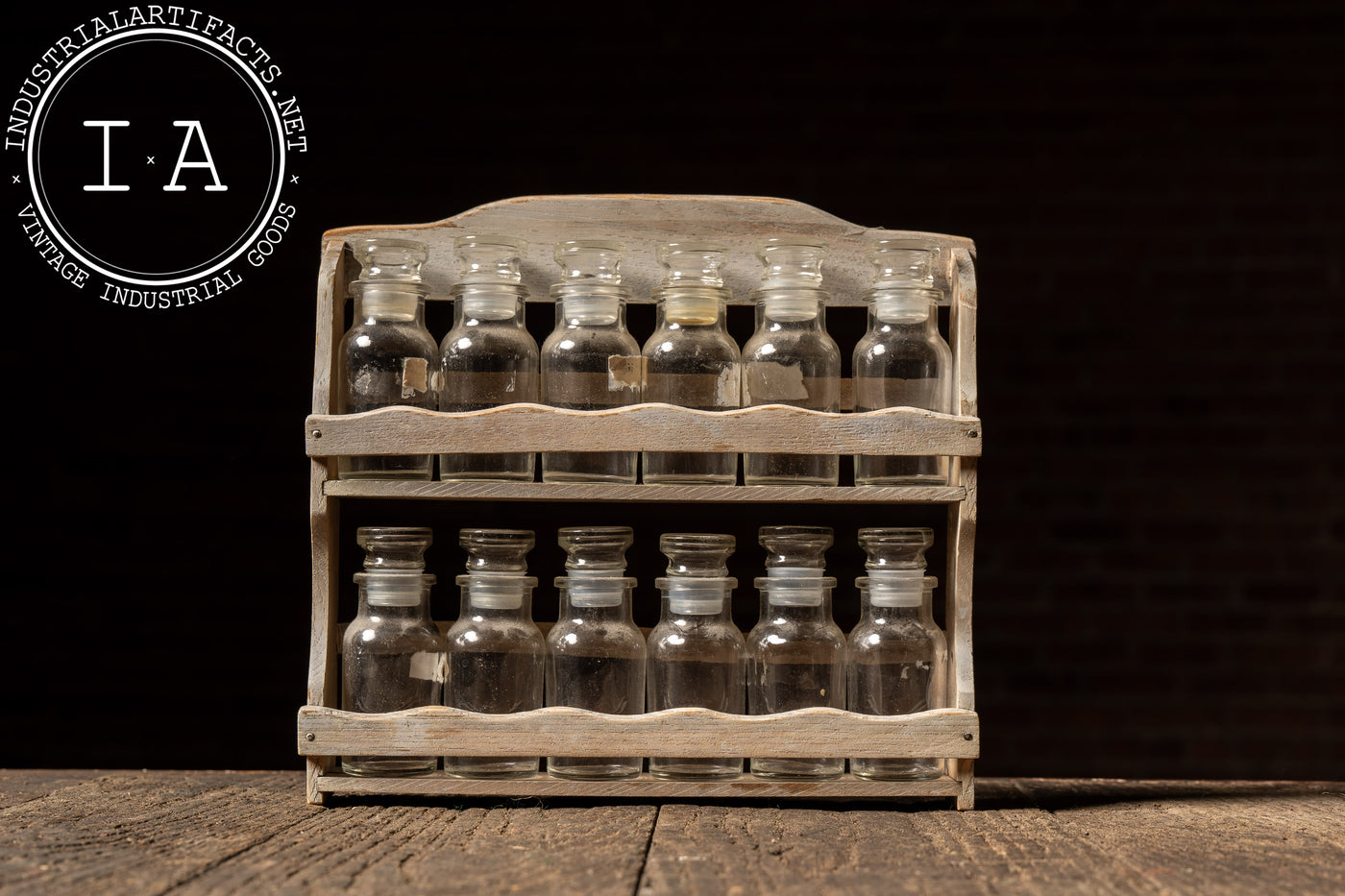 Early Apothecary Bottle Rack with Twelve Glass Stoppered Vials
