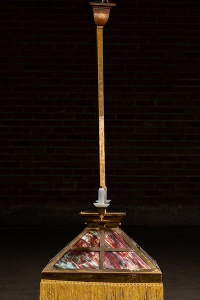 Antique Arts & Crafts Slag Glass Parlor Lamp with Keyed Sconces