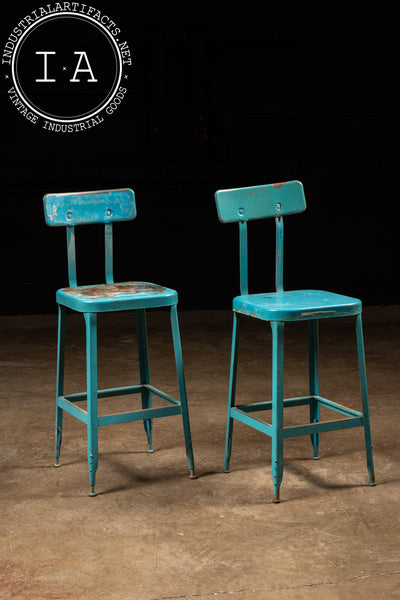 Set of Two Vintage Chippy Industrial Stools in Aqua