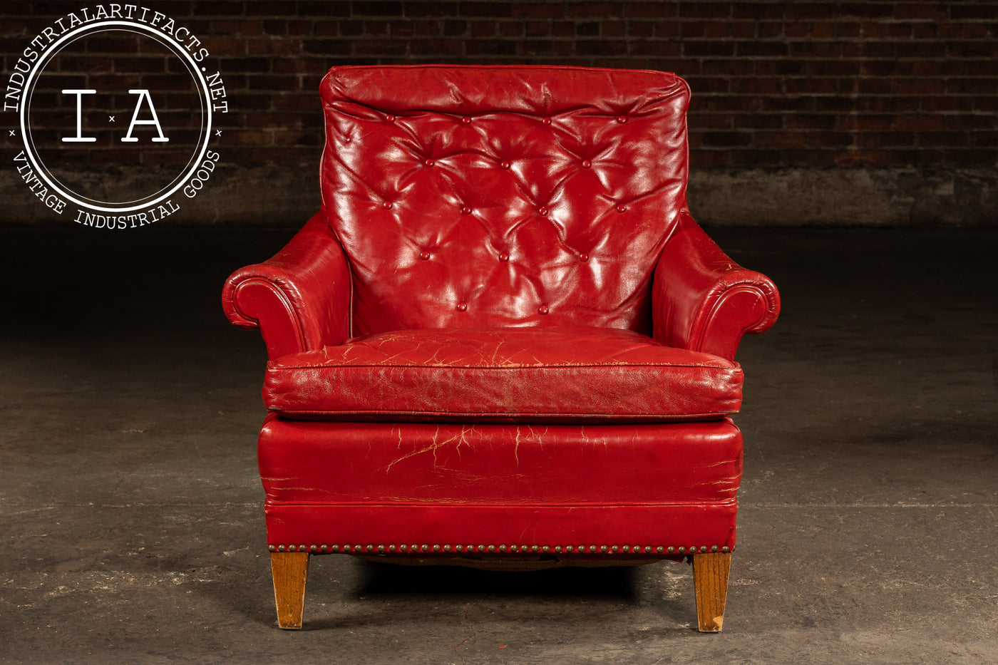 Vintage Tufted Leather Lounge Chair in Candy Apple Red