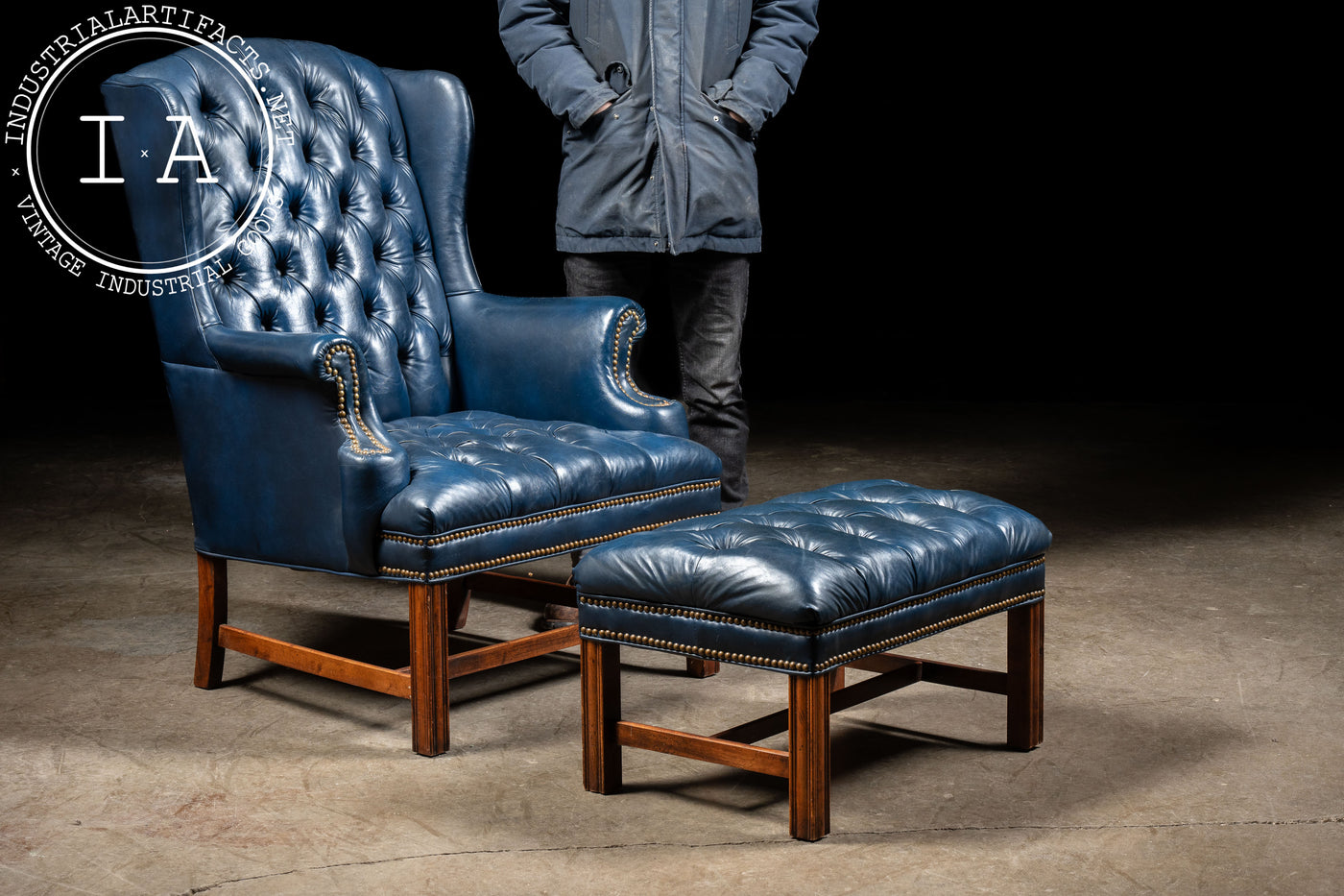 Vintage Tufted Leather Wingback Chair with Matching Ottoman in Blue