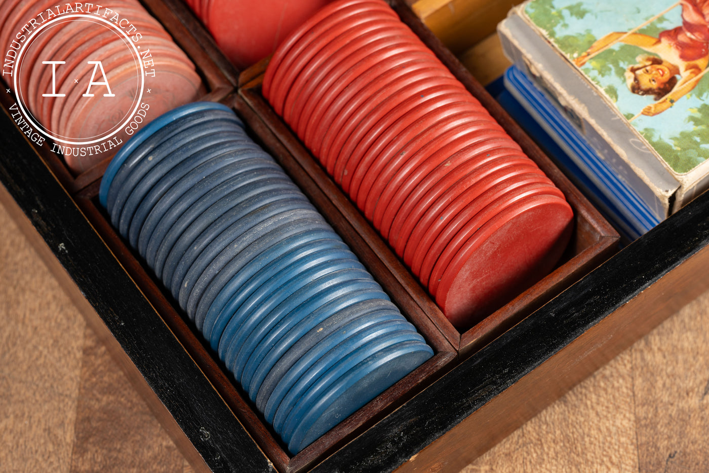 Vintage Birds Eye Maple Poker Case with Playing Cards and Chips