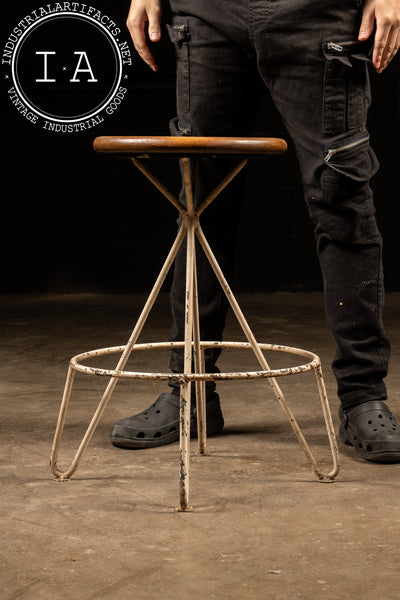 Mid-Century Iron and Oak Barstool with Upholstered Cushion