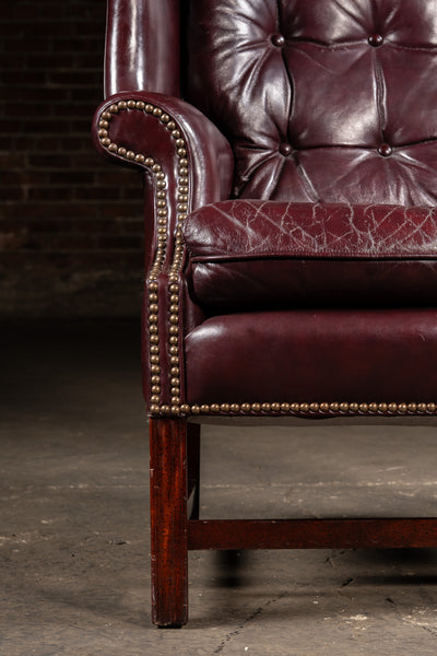 Tufted Leather Wingback Chesterfield Armchair with Ottoman in Oxblood