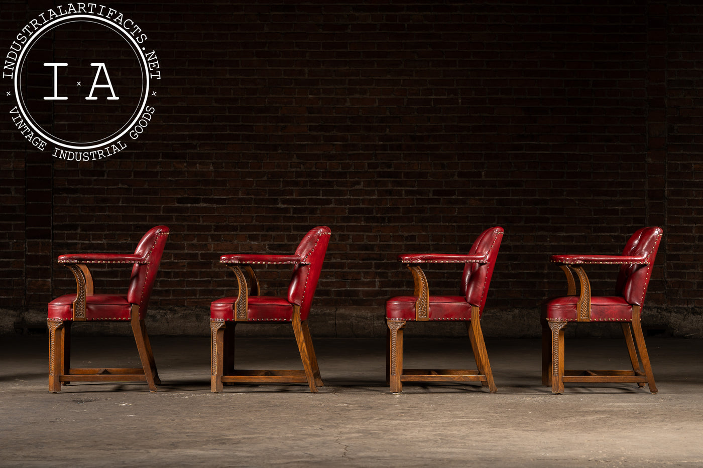 Set Of Four Tufted Leather Bankers Chairs in Red