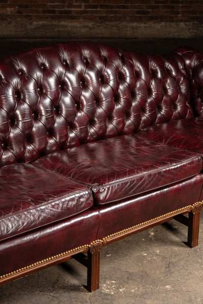 Vintage Chippendale-Style Camelback Chesterfield Leather Sofa in Oxblood