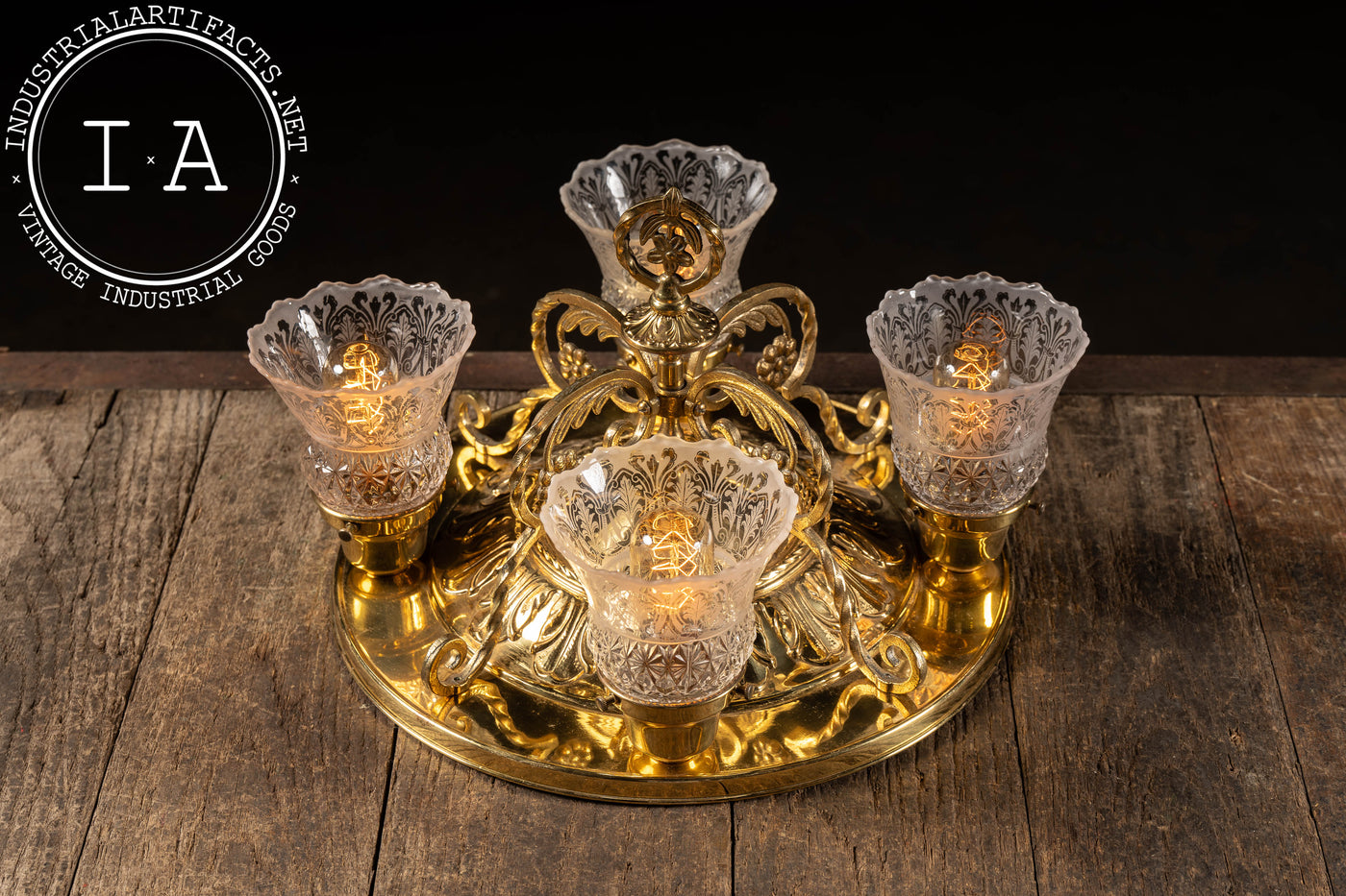 Vintage Four-Lamp Flush Mount Brass Light Fixture with Floral Motif