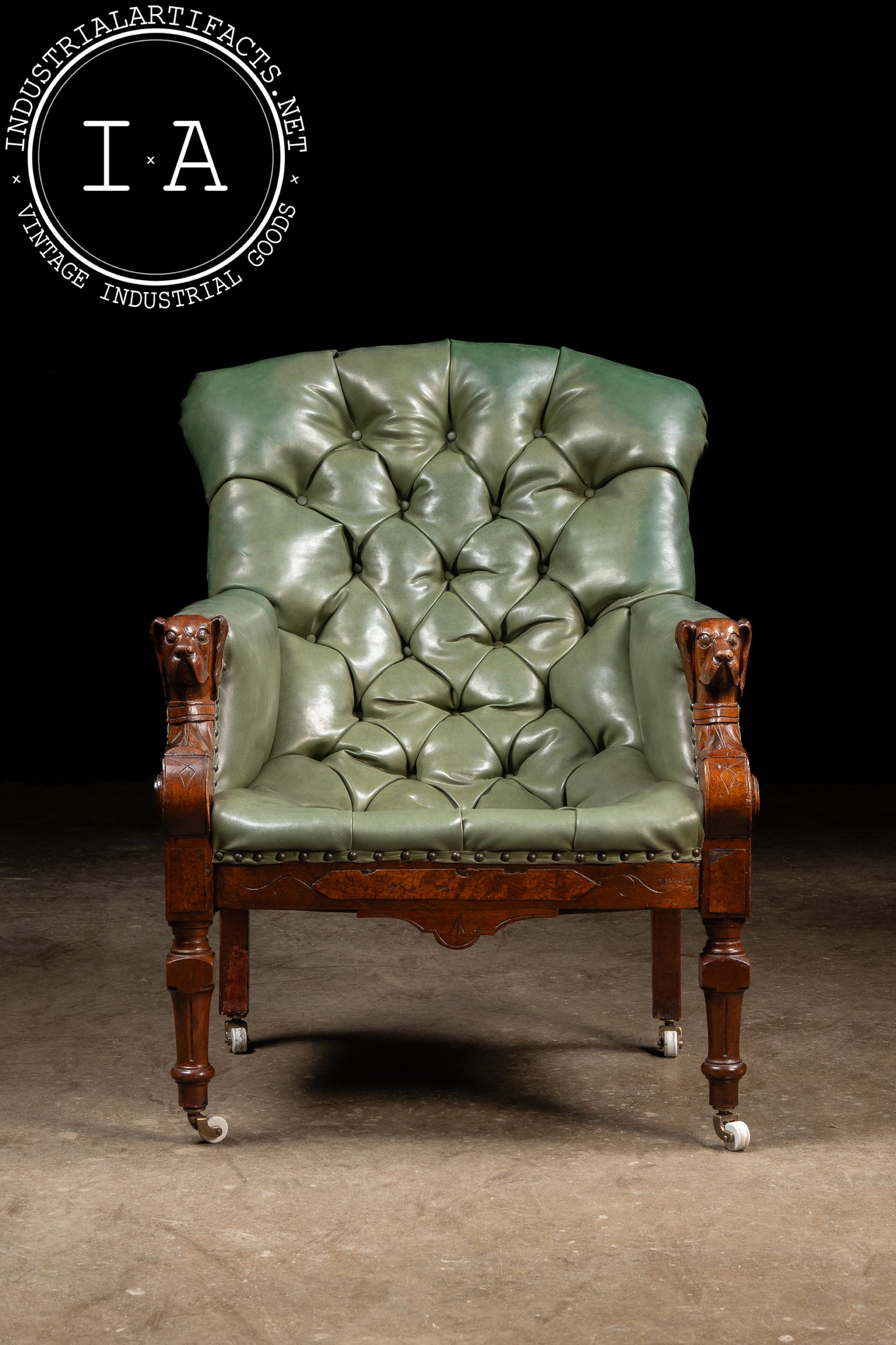 Antique Tufted Leather Lounge Armchair with Carved Dog Accents in Green