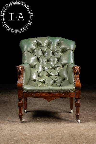 Antique Tufted Leather Lounge Armchair with Carved Dog Accents in Green