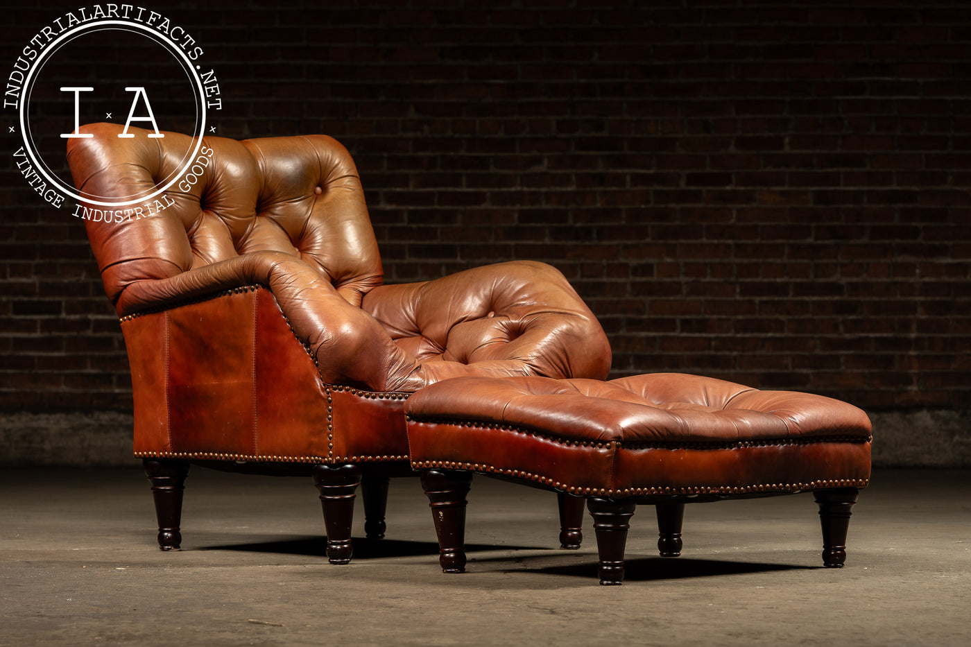Tufted Chesterfield Sleepy Hollow Chair with Ottoman in Tan