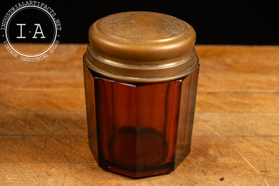 Antique Amber Glass Snuff Jar with Etched Brass Lid