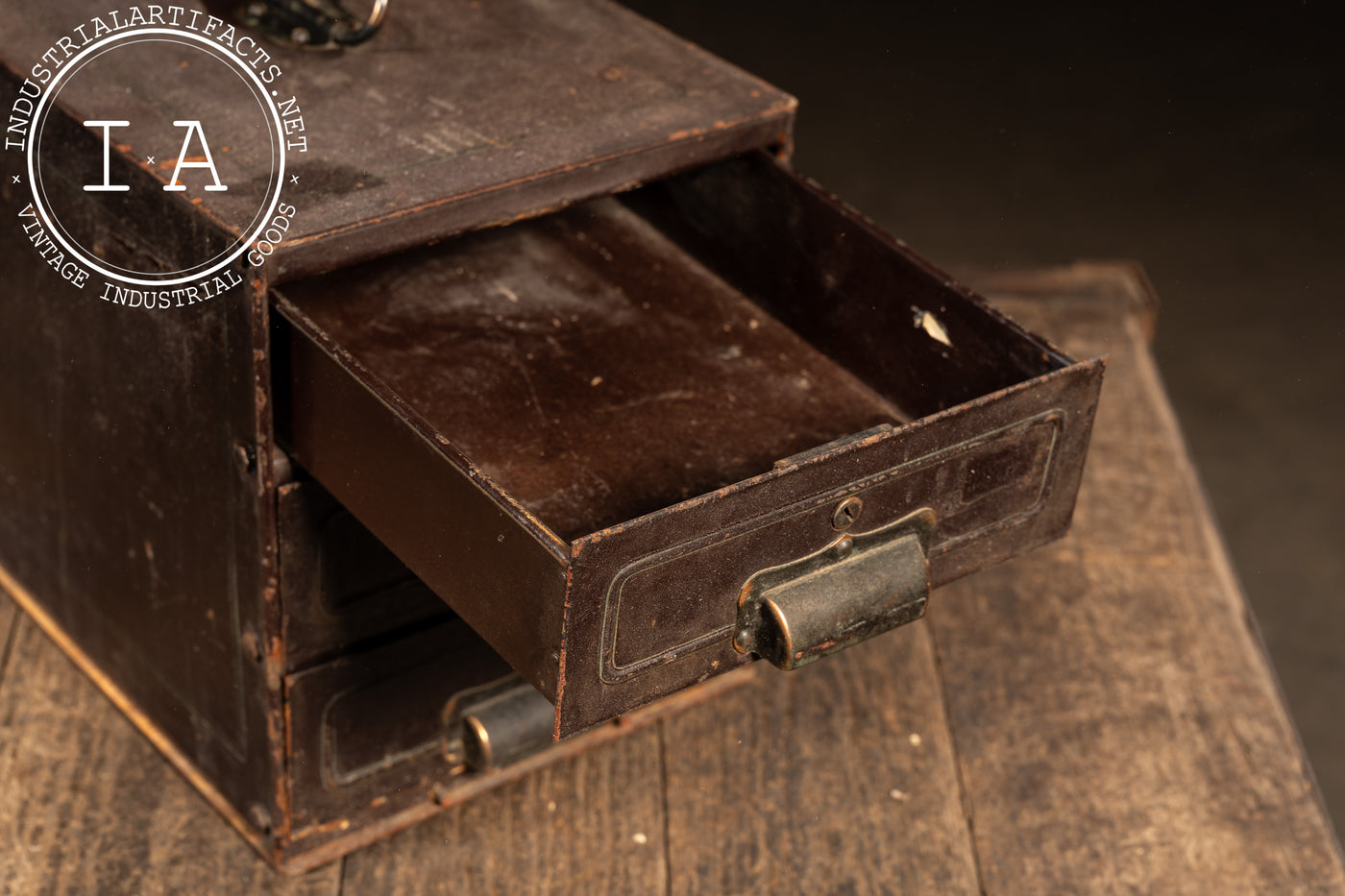 Antique 3-Drawer Heavy Riveted Steel Strongbox with Japanned Handles