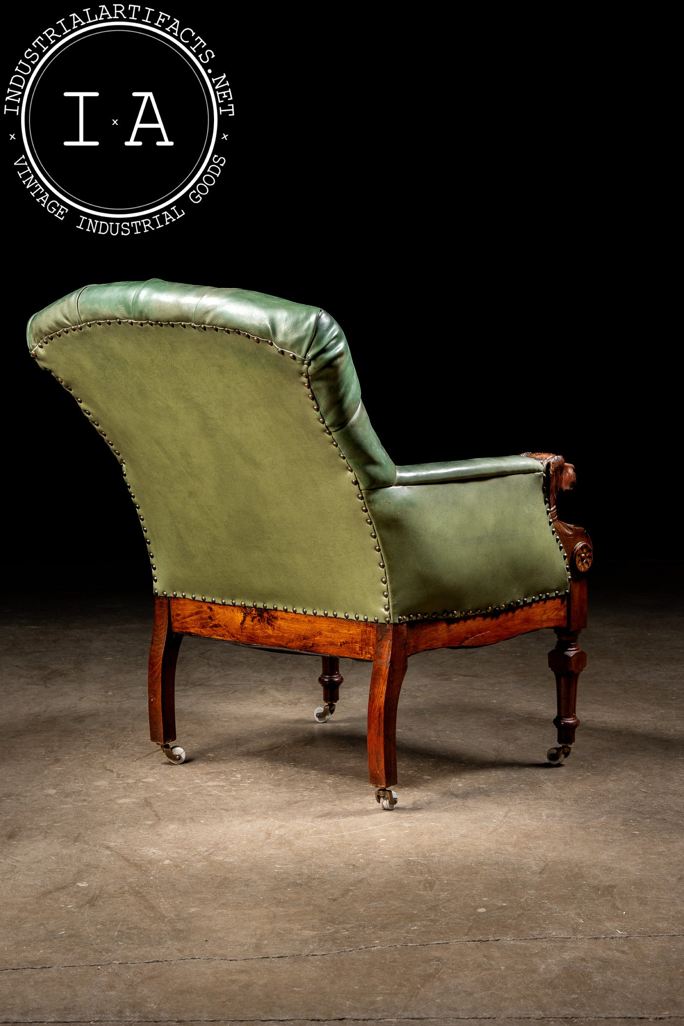 Antique Tufted Leather Lounge Armchair with Carved Dog Accents in Green