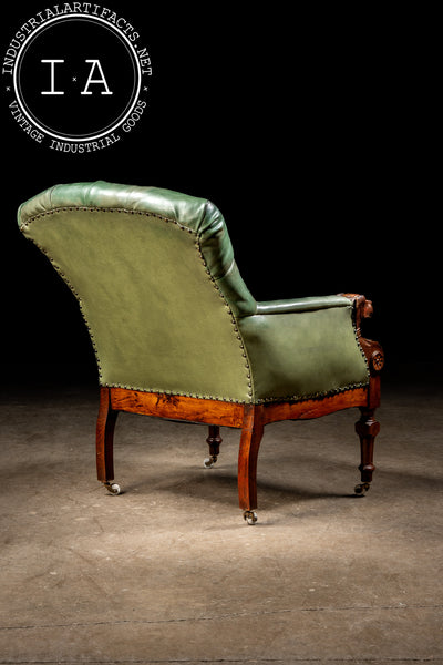 Antique Tufted Leather Lounge Armchair with Carved Dog Accents in Green