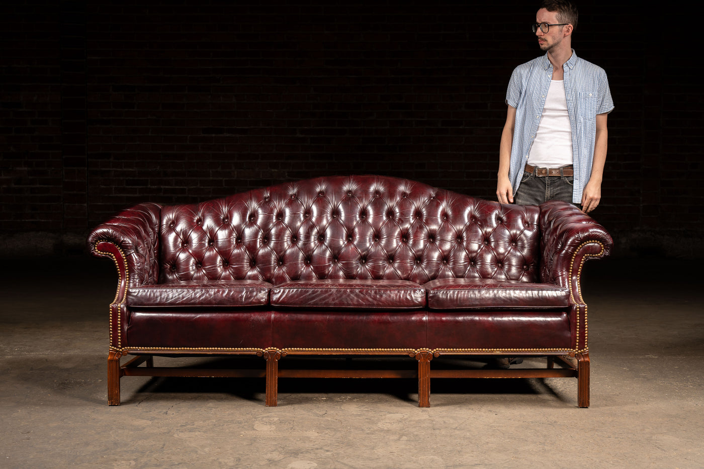 Vintage Chippendale-Style Camelback Chesterfield Leather Sofa in Oxblood