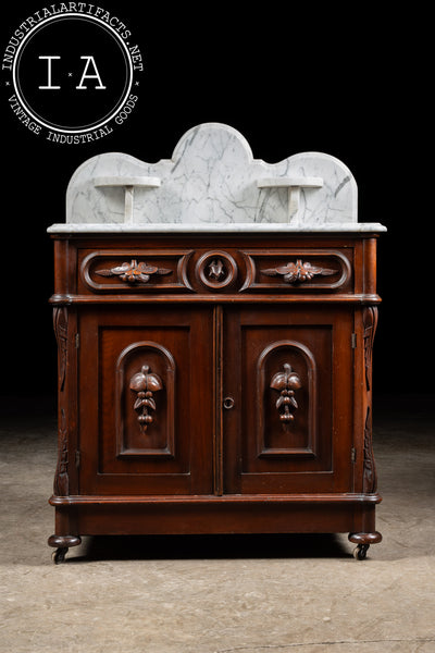 Late 19th Century Eastlake Victorian Walnut Commode Wash Stand with Marble Top