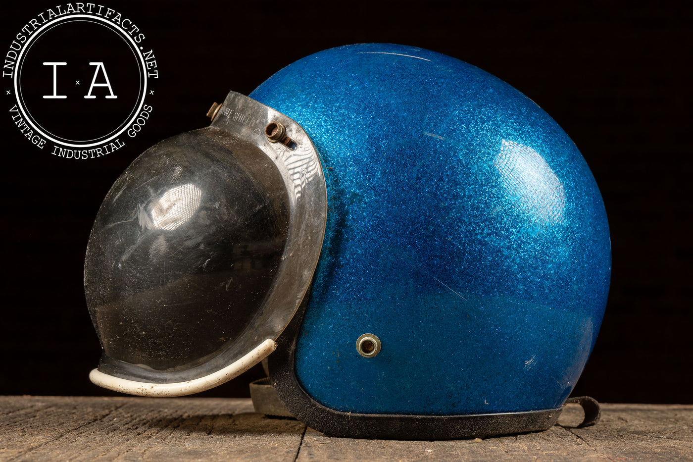 Vintage Motorcycle Helmet with Snap-On Bubble Shield in Metallic Blue – Industrial Artifacts Vintage Motorcycle Helmet with Snap-On Bubble Shield in Metallic Blue – Industrial Artifacts