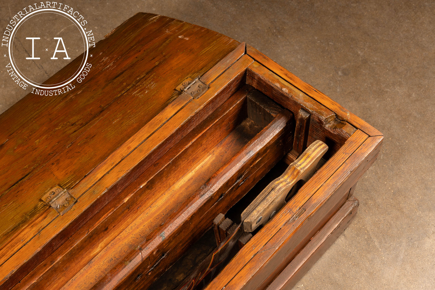 Antique Oak Tool Chest With Painted Saw