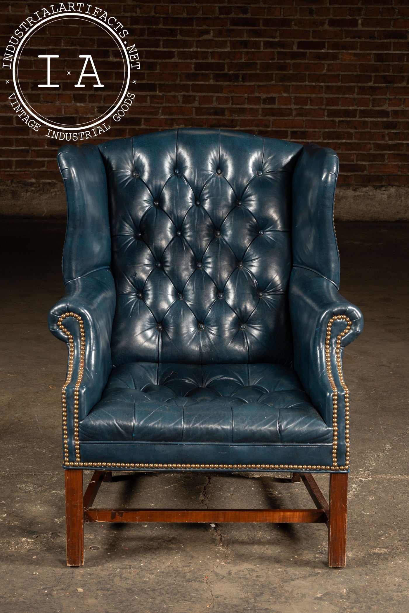 Vintage Tufted Leather Chesterfield Wingback Armchair in Blue