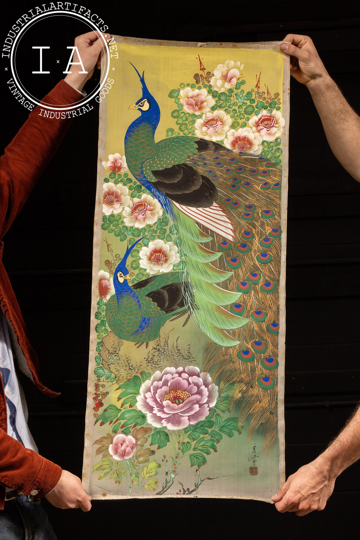 Peacocks and Peonies Kakejiku Hanging Silkscreen Scroll Painting