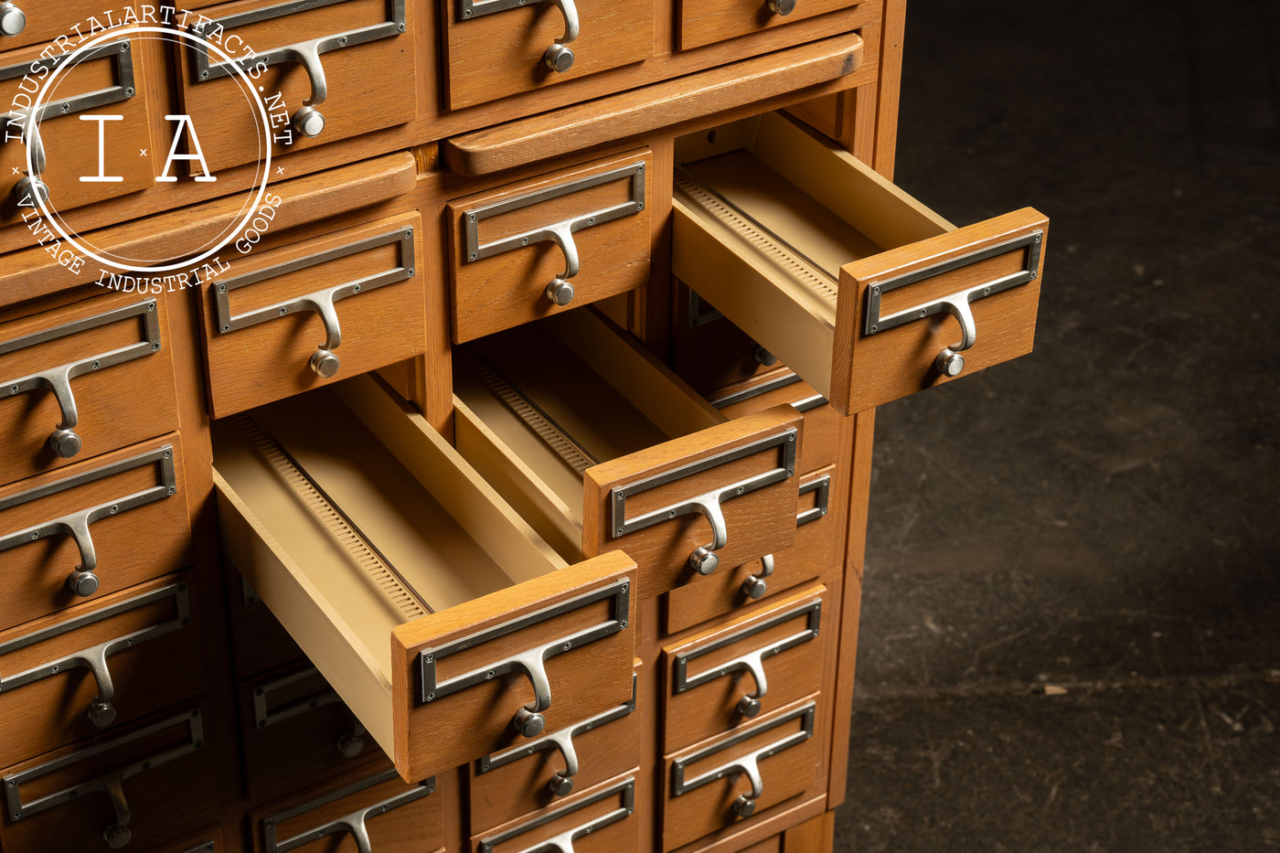 Vintage 72 Drawer Oak Library Card Catalog Cabinet with Writing Surfaces