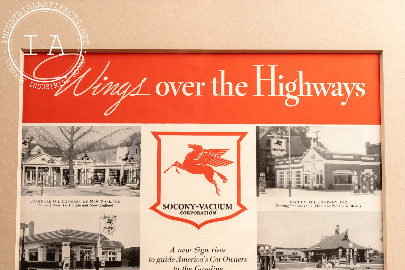 c. 1930 Framed Socony Vacuum Wings Over The Highways Ad