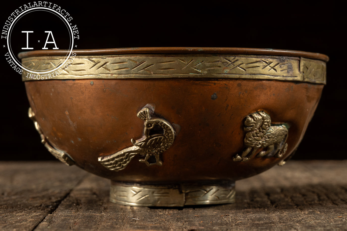 Antique Middle Eastern Copper and Brass Bowl with Applied Motifs
