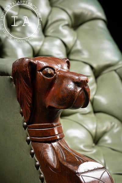 Antique Tufted Leather Lounge Armchair with Carved Dog Accents in Green