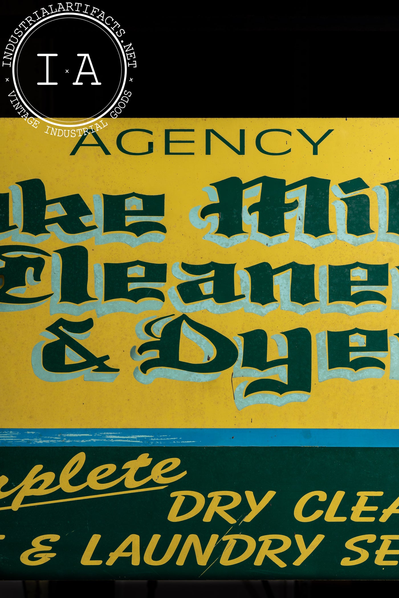 Vintage Lake Mills Cleaners Painted Tin Sign on Bracket